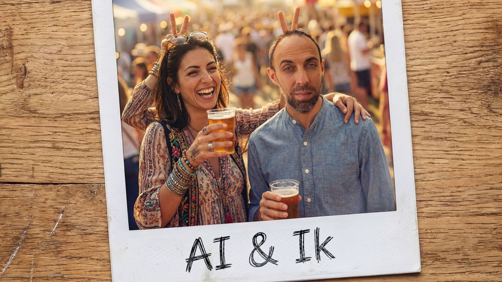 Foto van twee mensen die gegenereerd is door AI. De linkerpersoon heeft vier armen waarmee ze konijnenoortjes maakt bij beide personen.