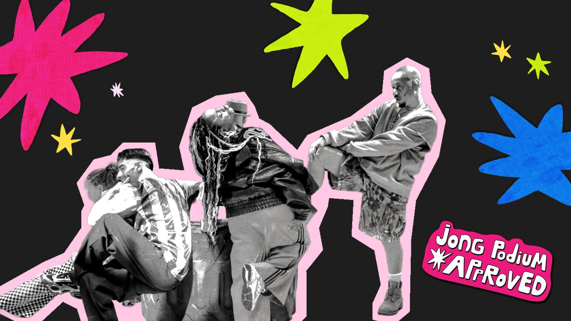 Drie dansers tegen een zwarte achtergrond met gekleurde sterren.