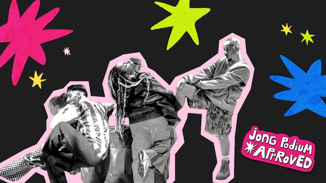 Drie dansers tegen een zwarte achtergrond met gekleurde sterren.