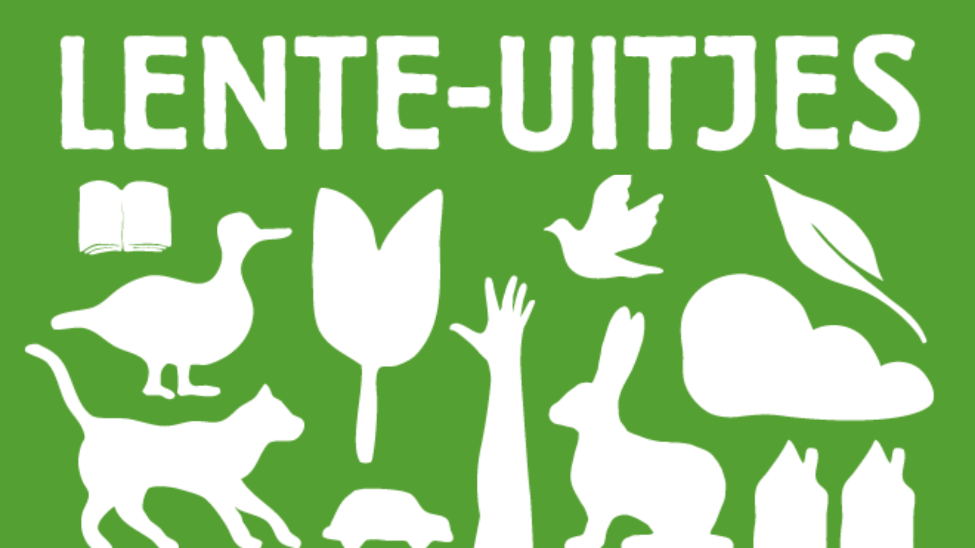 Lente-Uitjes met speelse illustraties van een eend, boek en blaadjes