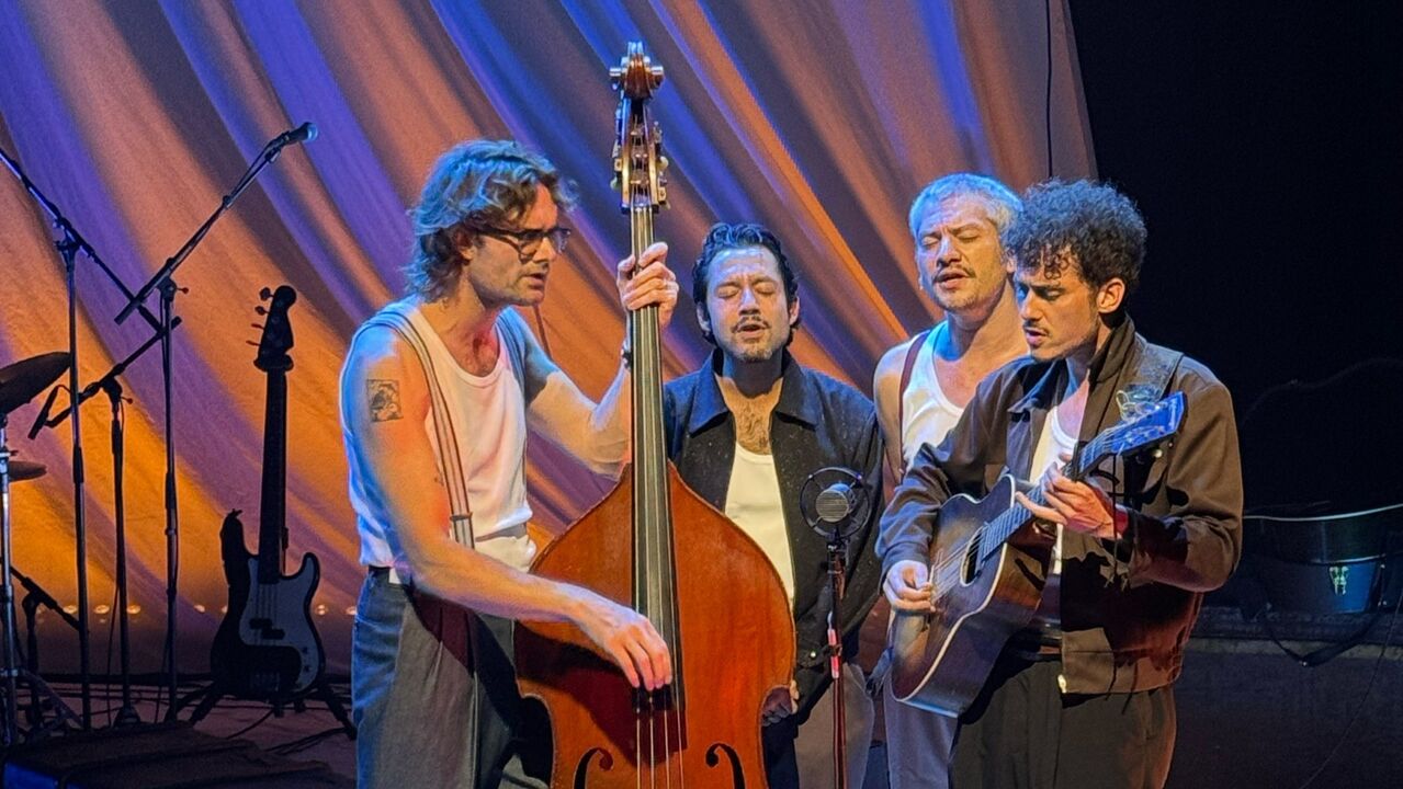 Vier muzikanten zingen rondom een bas