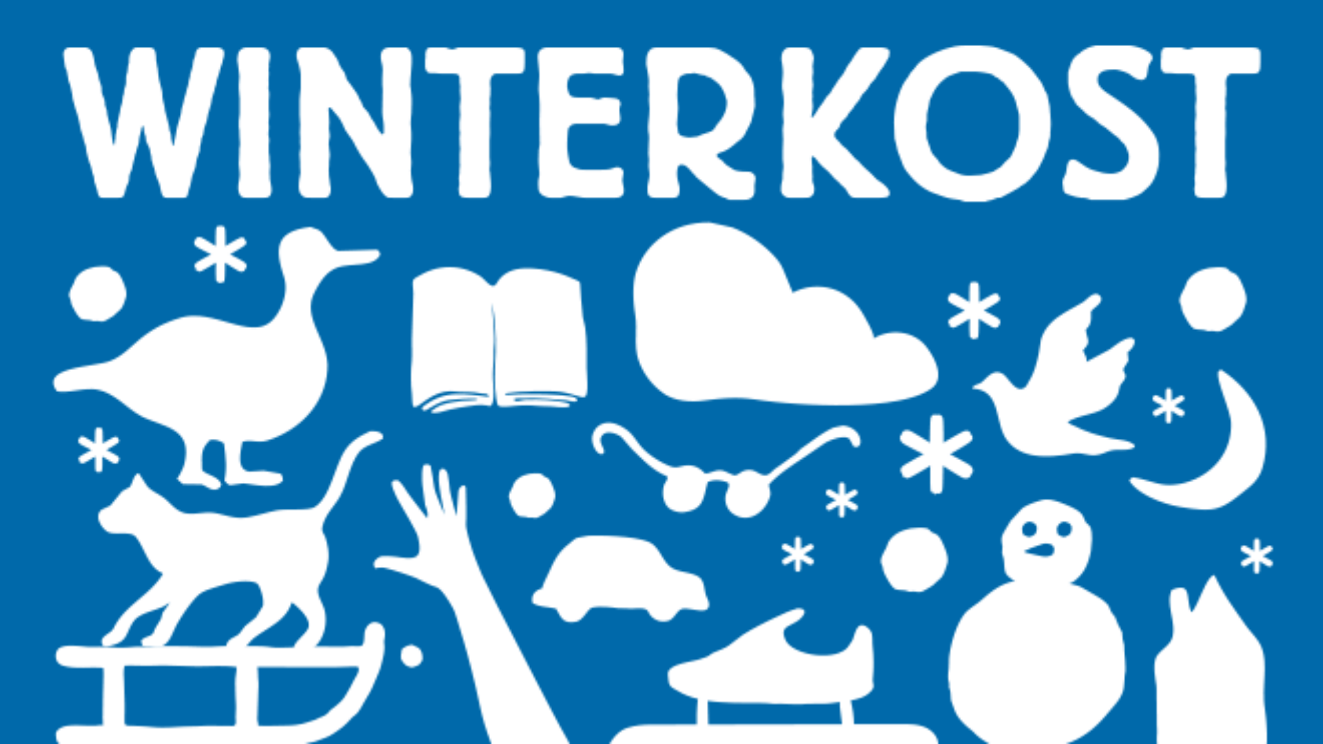 Winterkost met speelse illustraties van een eend, wolk en boek